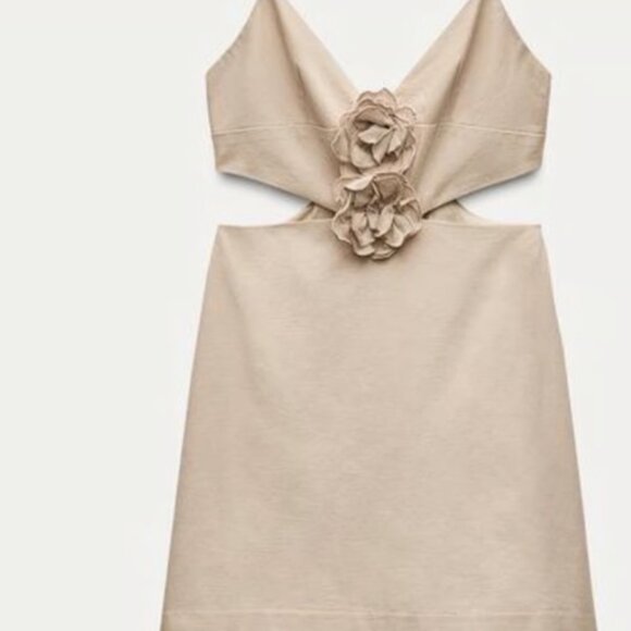 ZARA  Women's Floral Cut Out Dress Tan Adjustable Straps - Picture 1 of 6